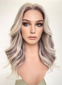 Ash Purple With Blonde Highlights Money Piece Wavy Lace Front Synthetic Wig LF3283