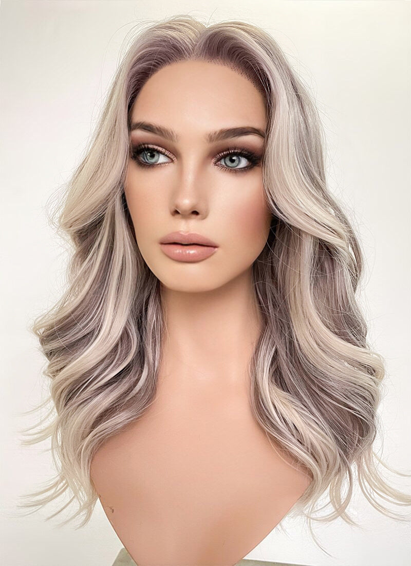 Ash Purple With Blonde Highlights Money Piece Wavy Lace Front Synthetic Wig LF3283