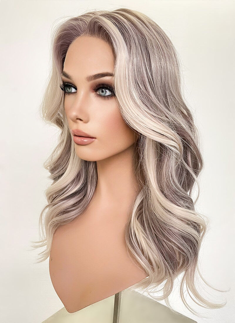 Ash Purple With Blonde Highlights Money Piece Wavy Lace Front Synthetic Wig LF3283