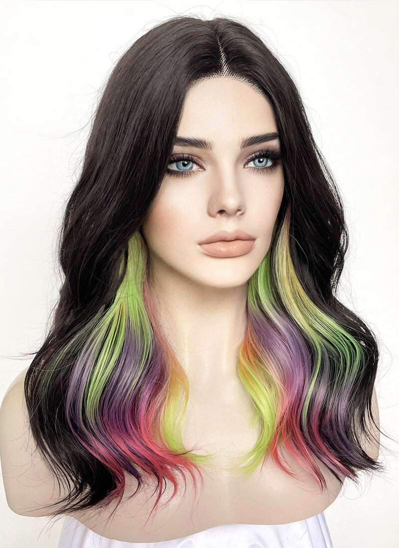 Black Rainbow Color Wavy Lace Front Synthetic Wig LF3286