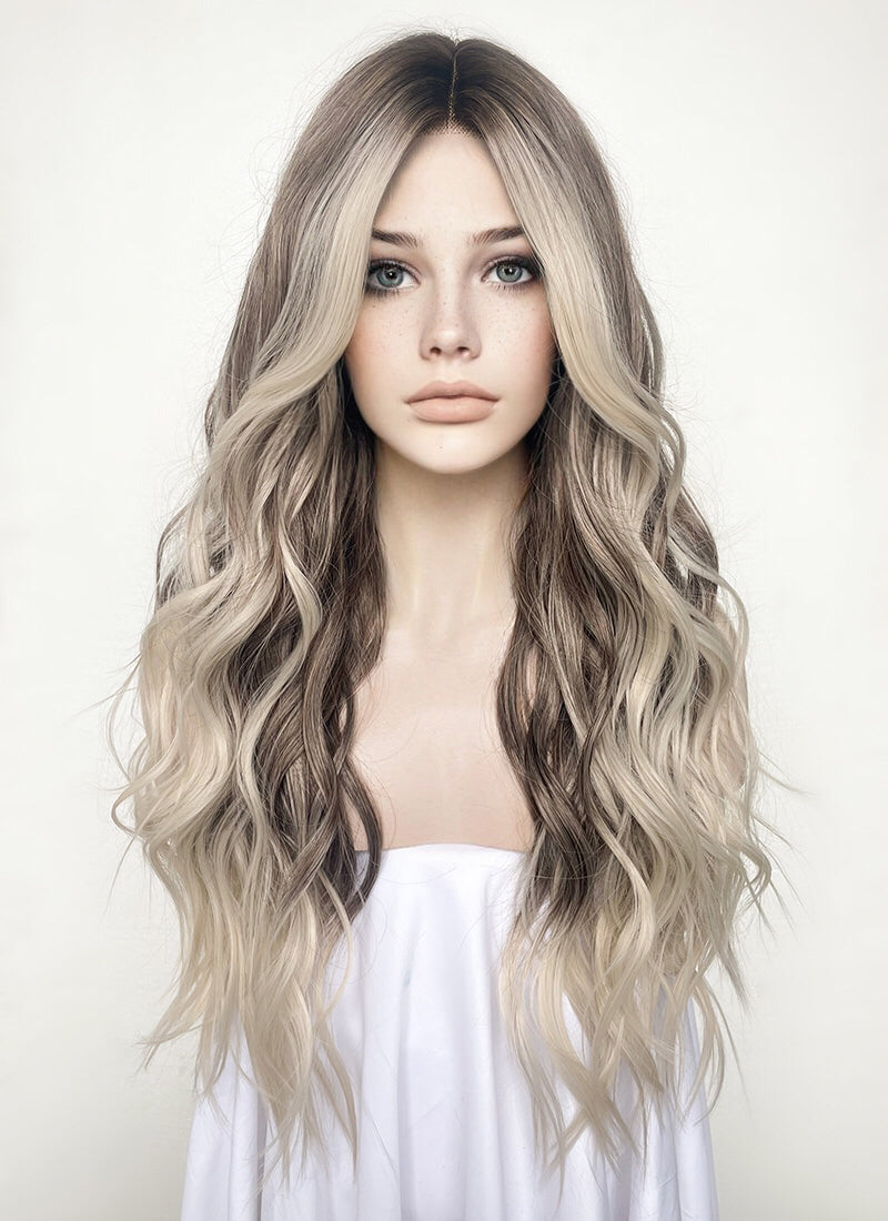 Balayage Blonde Highlights Money Piece With Dark Roots Wavy Lace Front Synthetic Wig LF3293