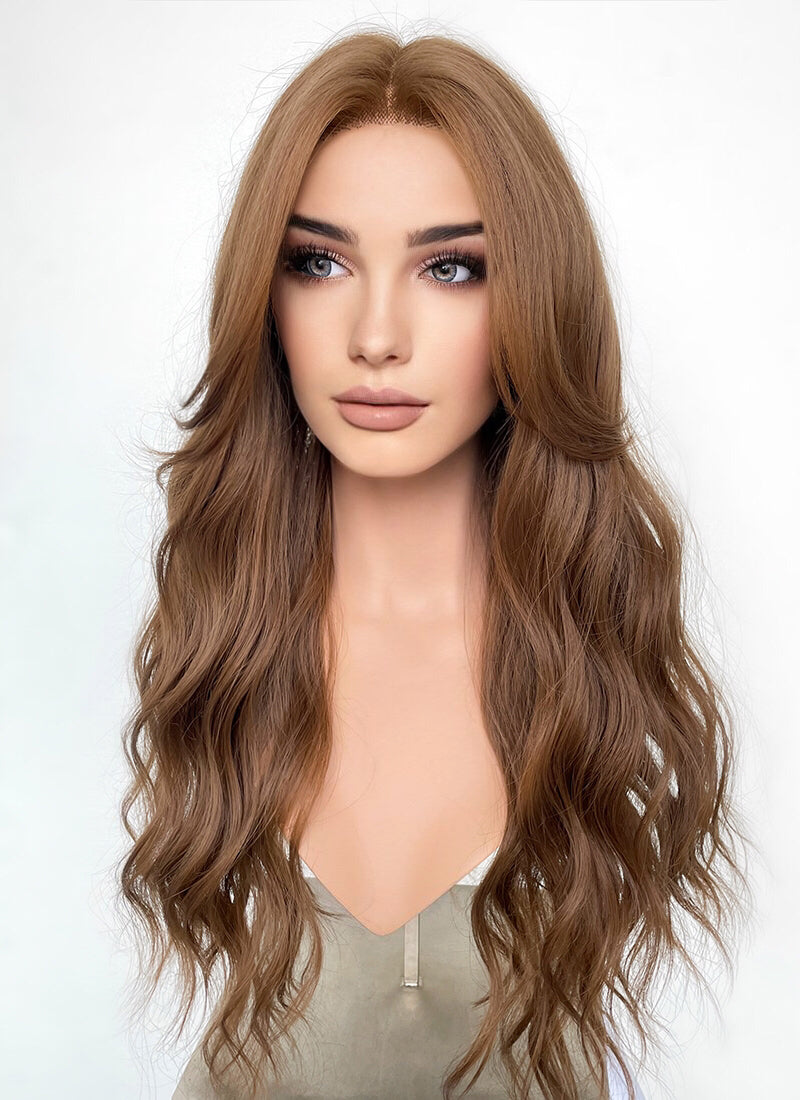 Brown Curtain Bangs Wavy Lace Front Synthetic Wig LF3294