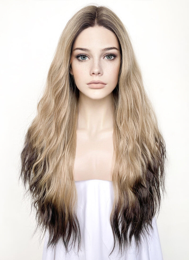 Blonde Brown Ombre With Dark Roots Wavy Lace Front Synthetic Wig LF3295