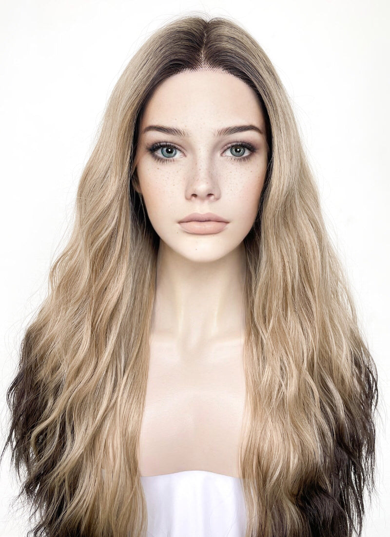 Blonde Brown Ombre With Dark Roots Wavy Lace Front Synthetic Wig LF3295