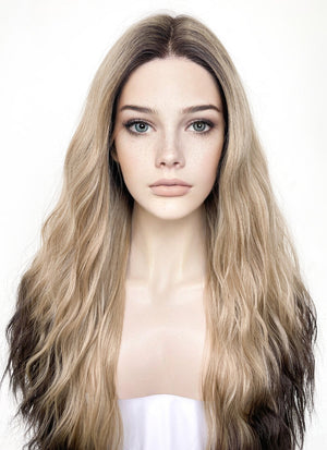 Blonde Brown Ombre With Dark Roots Wavy Lace Front Synthetic Wig LF3295