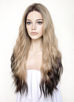 Blonde Brown Ombre With Dark Roots Wavy Lace Front Synthetic Wig LF3295