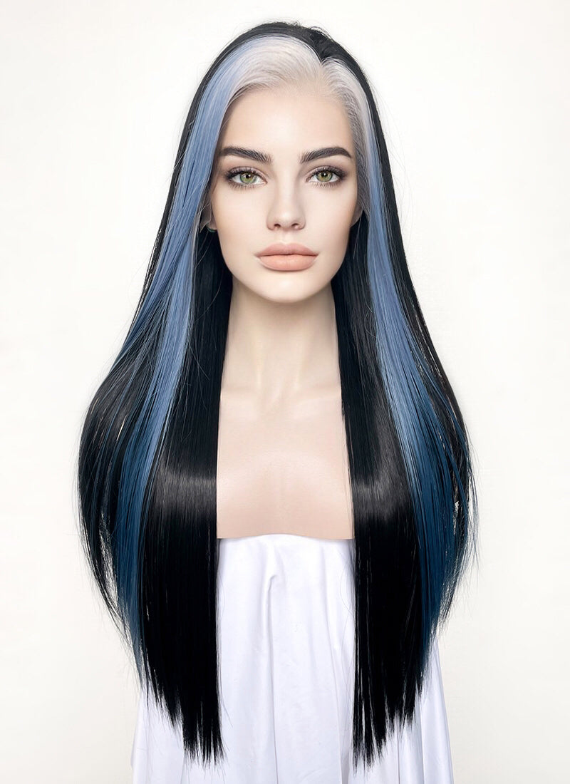 Black Blonde Blue Mixed Straight Lace Front Synthetic Wig LF3296