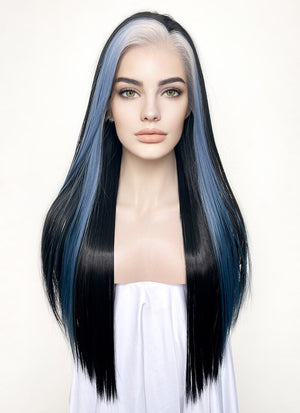 Black Blonde Blue Mixed Straight Lace Front Synthetic Wig LF3296