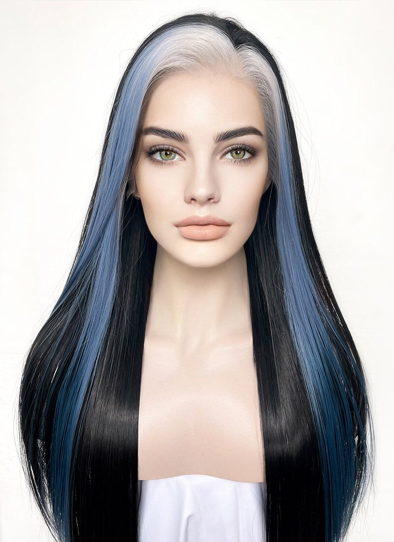 Black Grey Blue Money Piece Straight Lace Front Synthetic Wig LF3296