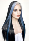 Black Grey Blue Money Piece Straight Lace Front Synthetic Wig LF3296