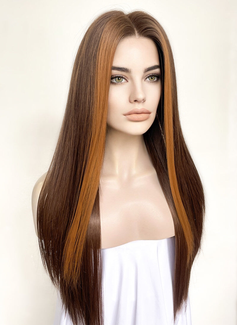 Brown And Ginger Money Piece Straight Lace Front Kanekalon Synthetic Hair Wig LF3301