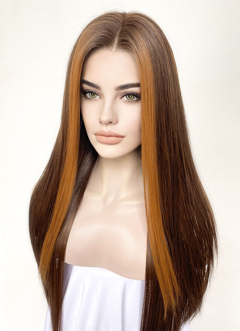 Brown And Ginger Money Piece Straight Lace Front Kanekalon Synthetic Hair Wig LF3301