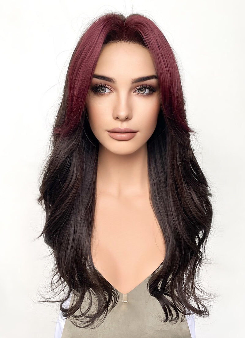 Brunette And Burgundy Money Piece Curtain Bangs Wavy Lace Front Synthetic Wig LF3302