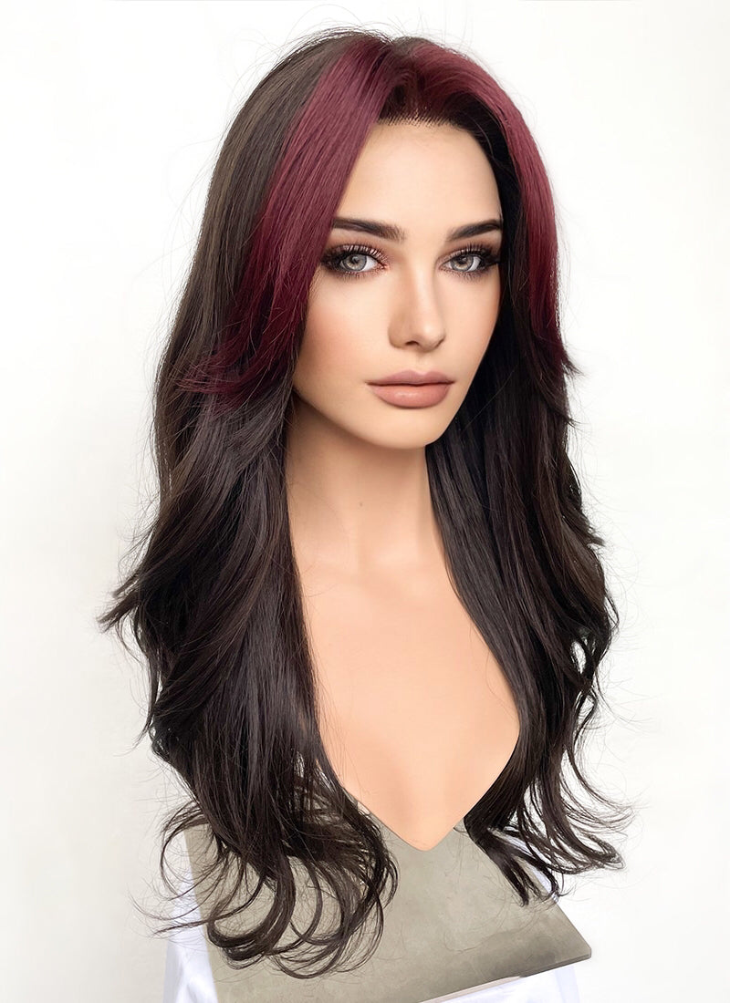 Brunette And Burgundy Money Piece Curtain Bangs Wavy Lace Front Synthetic Wig LF3302