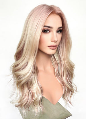 Blonde Pink Brown Mixed Curtain Bangs Wavy Lace Front Synthetic Wig LF3308