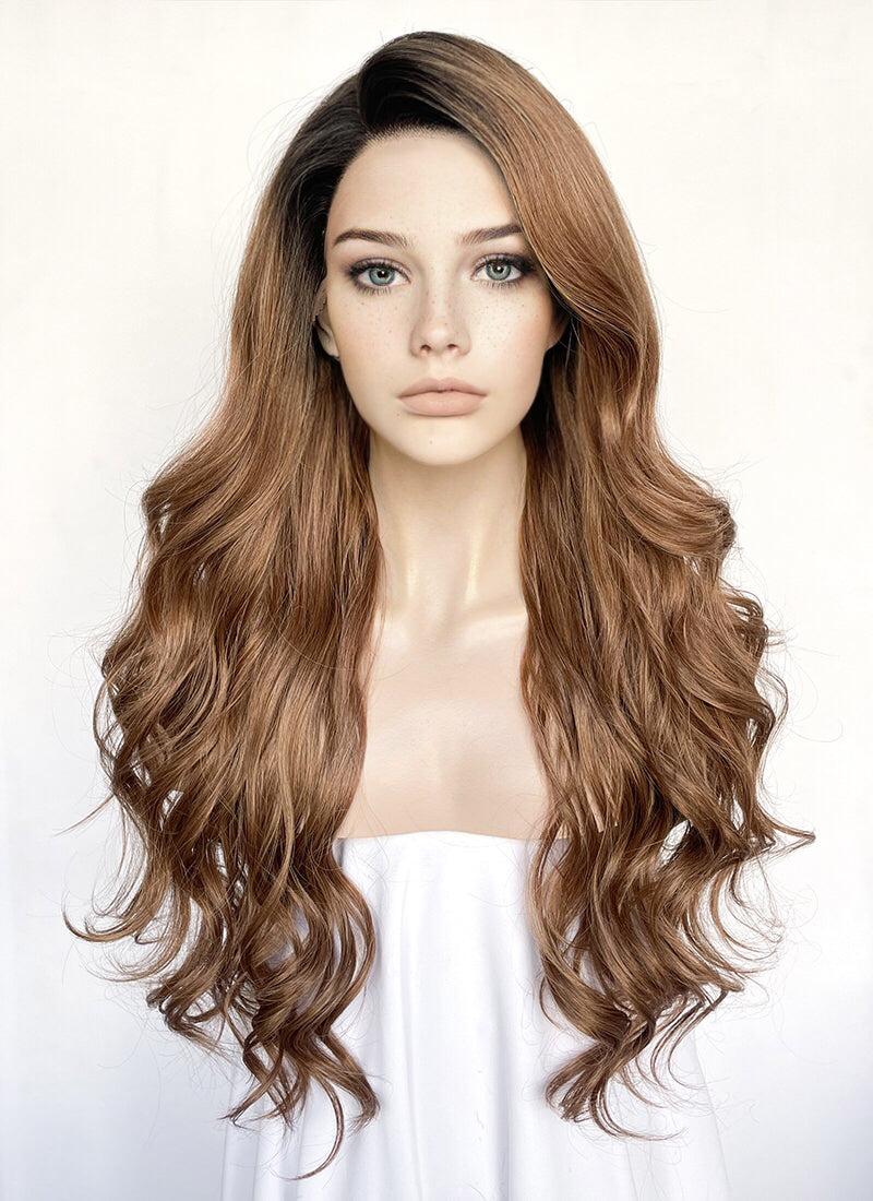 Brown With Dark Roots Wavy Lace Front Synthetic Hair Wig LF3316