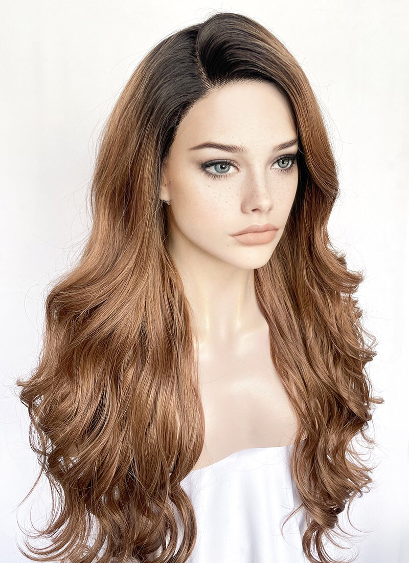 Brown With Dark Roots Wavy Lace Front Synthetic Hair Wig LF3316