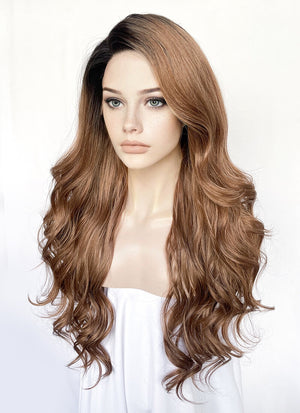 Brown With Dark Roots Wavy Lace Front Synthetic Hair Wig LF3316