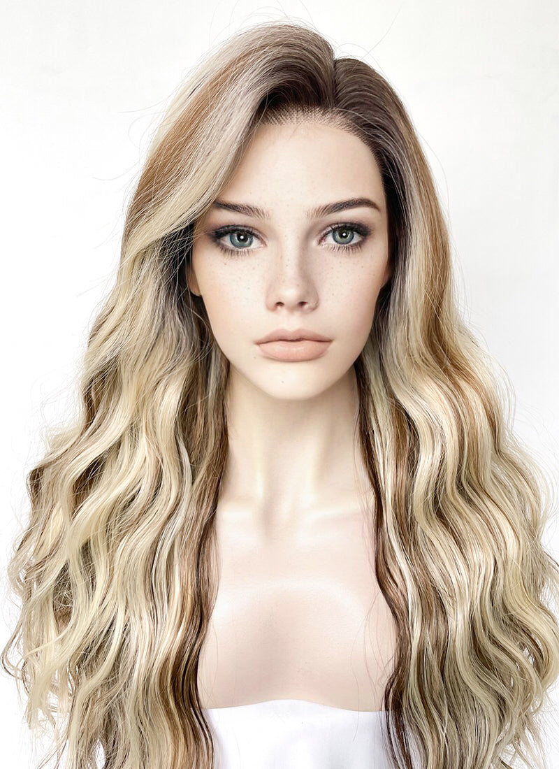 Balayage Brown With Blonde Highlights Wavy Lace Front Kanekalon Synthetic Hair Wig LF3333