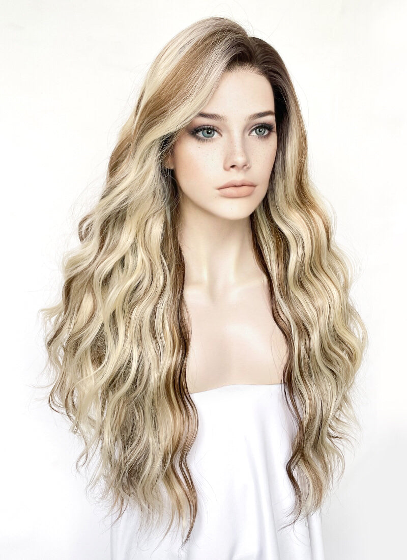 Balayage Brown With Blonde Highlights Wavy Lace Front Kanekalon Synthetic Hair Wig LF3333