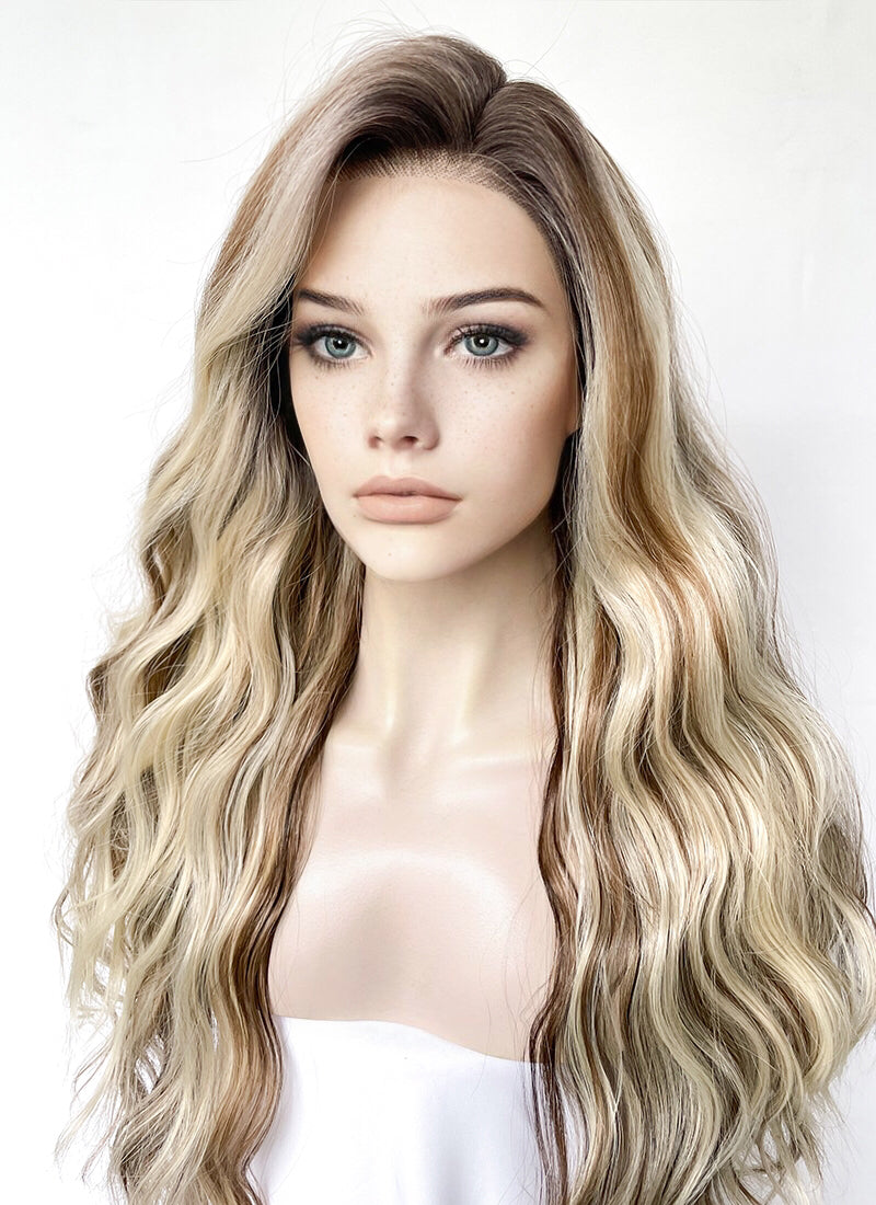 Balayage Brown With Blonde Highlights Wavy Lace Front Kanekalon Synthetic Hair Wig LF3333