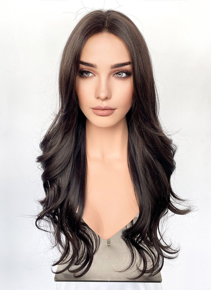 Brunette Curtain Bangs Wavy Lace Front Synthetic Hair Wig LF3337