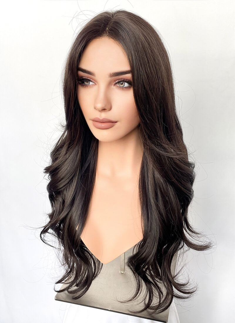 Brunette Curtain Bangs Wavy Lace Front Synthetic Hair Wig LF3337