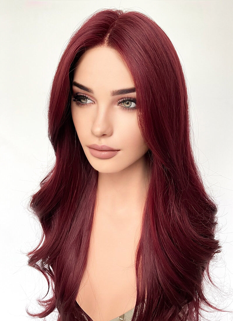 Burgundy Red Curtain Bangs Wavy Lace Front Synthetic Hair Wig LF3340