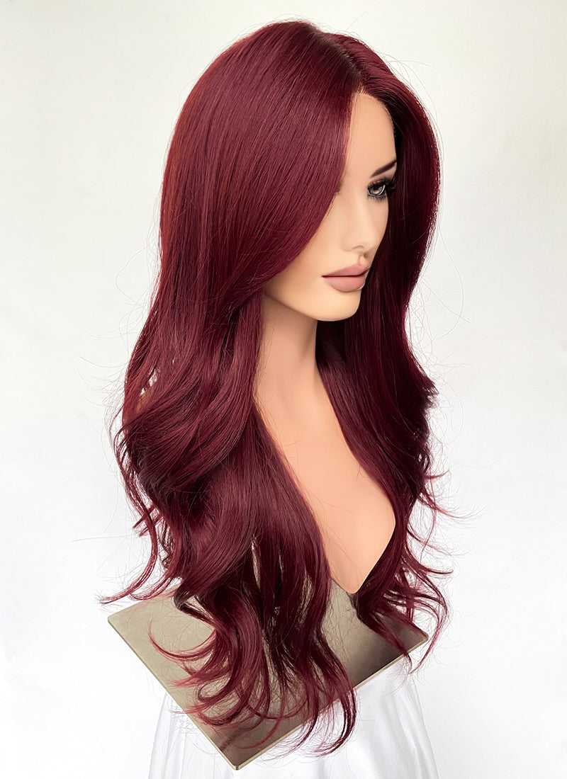 Burgundy Red Curtain Bangs Wavy Lace Front Synthetic Hair Wig LF3340