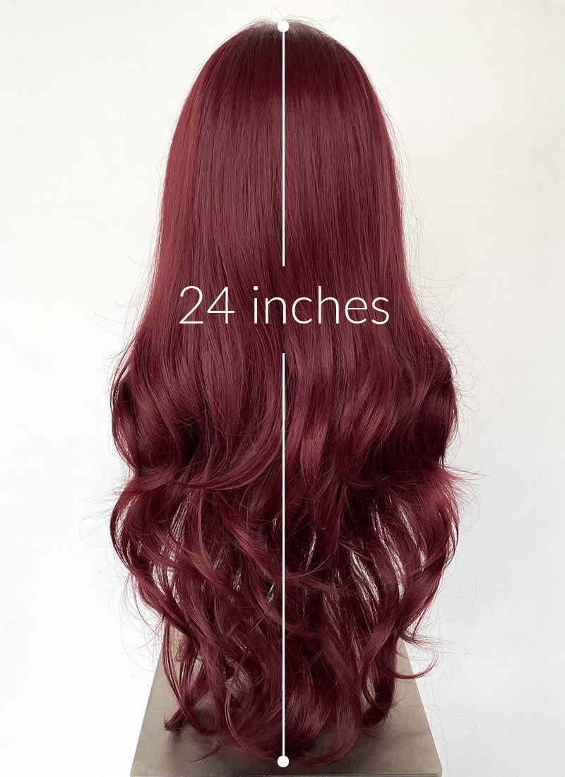 Burgundy Red Curtain Bangs Wavy Lace Front Synthetic Hair Wig LF3340