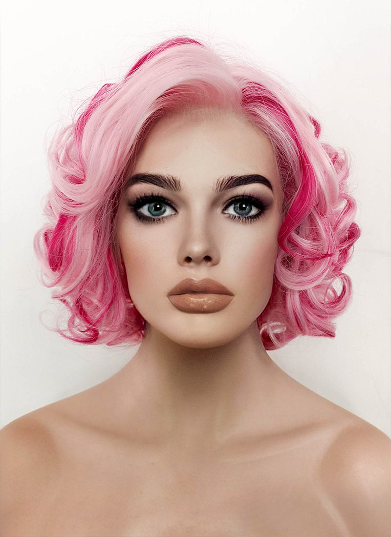 Pink Mixed Red Curly Lace Front Synthetic Wig LF5131