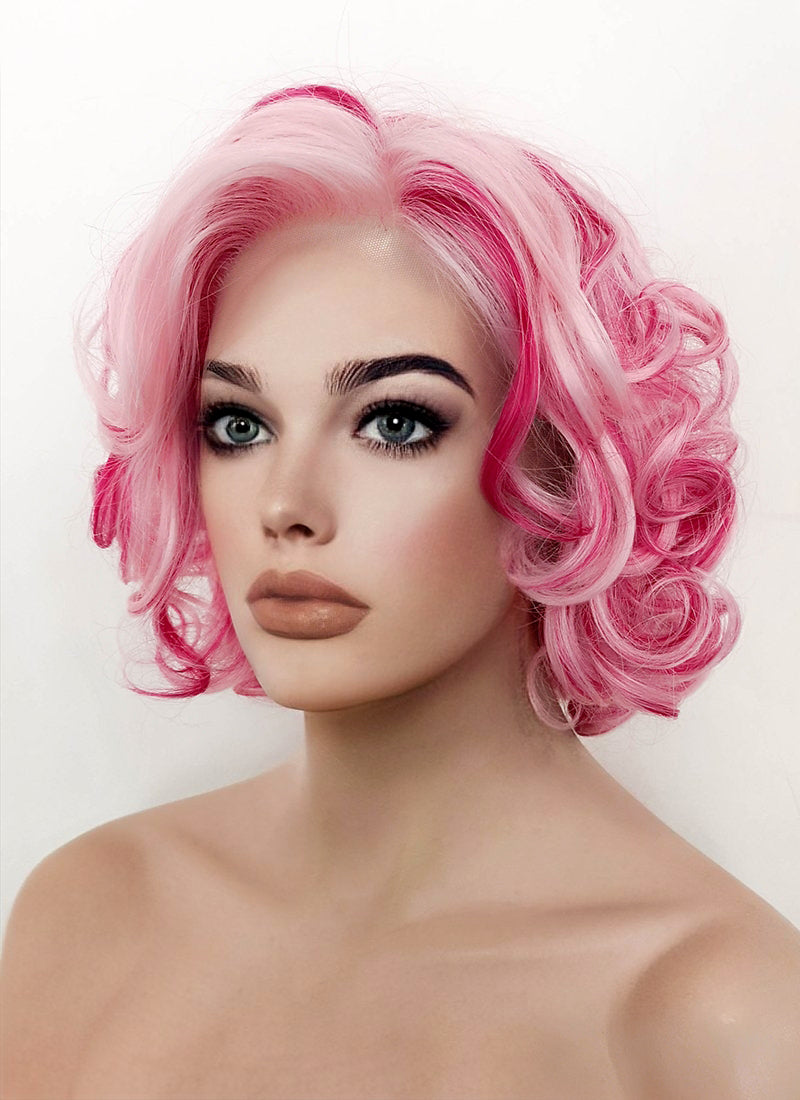 Pink Mixed Red Curly Lace Front Synthetic Wig LF5131