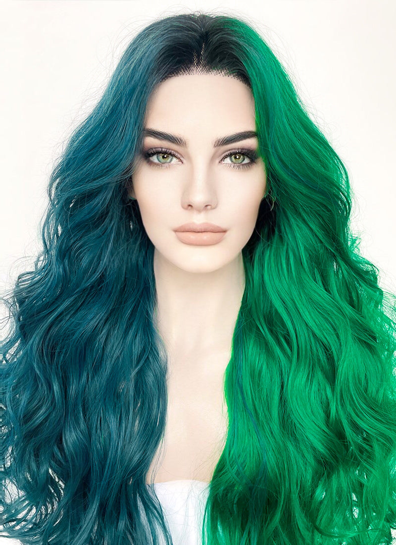 Blue Green Split Gemini Color With Dark Roots Wavy Lace Front Synthetic Wig LF5159