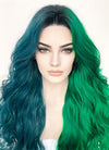 Blue Green Split Gemini Color With Dark Roots Wavy Lace Front Synthetic Wig LF5159