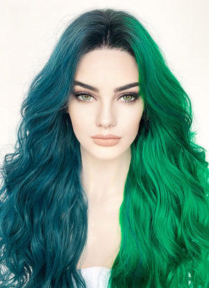 Blue Green Split Gemini Color With Dark Roots Wavy Lace Front Synthetic Wig LF5159