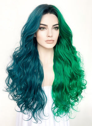 Blue Green Split Gemini Color With Dark Roots Wavy Lace Front Synthetic Wig LF5159