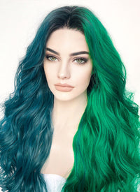 Blue Green Split Gemini Color With Dark Roots Wavy Lace Front Synthetic Wig LF5159
