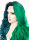 Blue Green Split Gemini Color With Dark Roots Wavy Lace Front Synthetic Wig LF5159