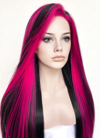 Black Mixed Magenta Straight Lace Front Synthetic Wig LF5164