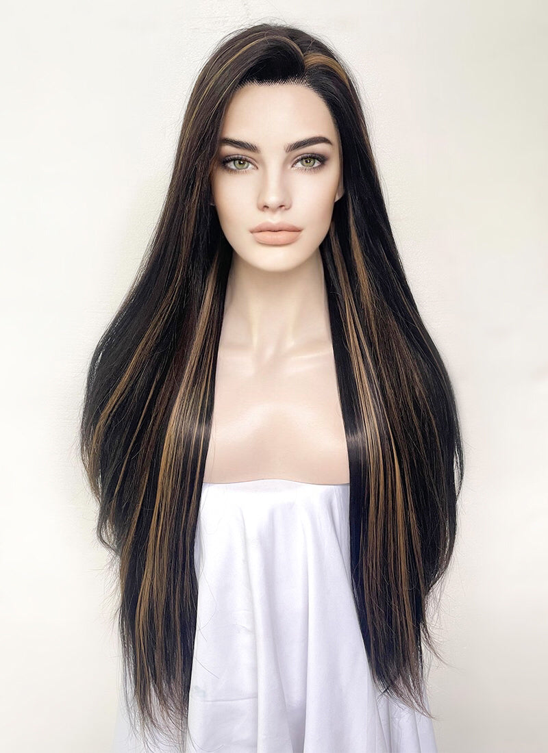 Dark Brown With Golden Brown Highlights Straight Lace Front Synthetic Wig LF5169