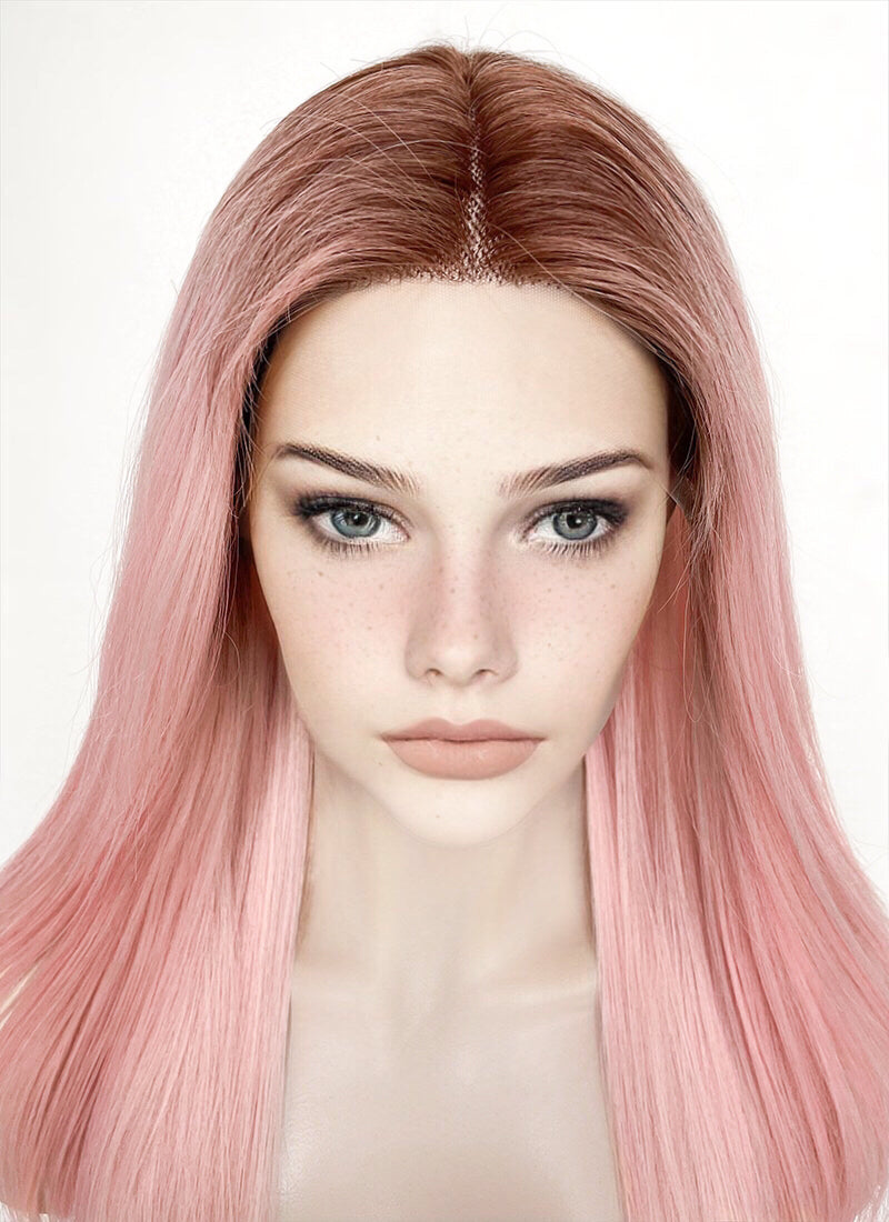 Pastel Pink With Brown Roots Straight Lace Front Kanekalon Synthetic Wig LF6008