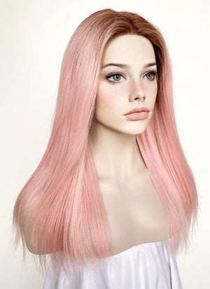 Pastel Pink With Brown Roots Straight Lace Front Kanekalon Synthetic Wig LF6008