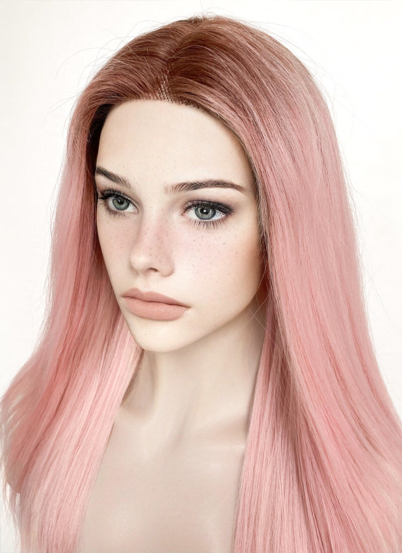 Pastel Pink With Brown Roots Straight Lace Front Kanekalon Synthetic Wig LF6008