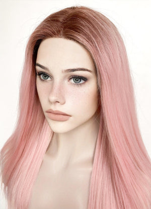 Pastel Pink With Brown Roots Straight Lace Front Kanekalon Synthetic Wig LF6008