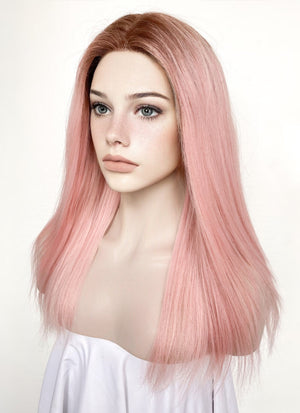 Pastel Pink With Brown Roots Straight Lace Front Kanekalon Synthetic Wig LF6008