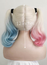 Wavy Blonde Harley Quinn Synthetic Pink Blue Ponytail Lace Front Wig LF853E