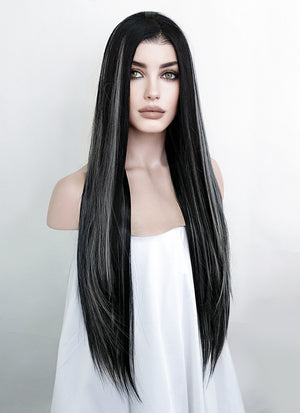 Black Mixed Grey Straight Lace Front Kanekalon Synthetic Wig LF3257