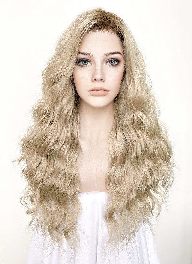 Ash Blonde With Brown Roots Wavy Lace Front Synthetic Wig LFK5501