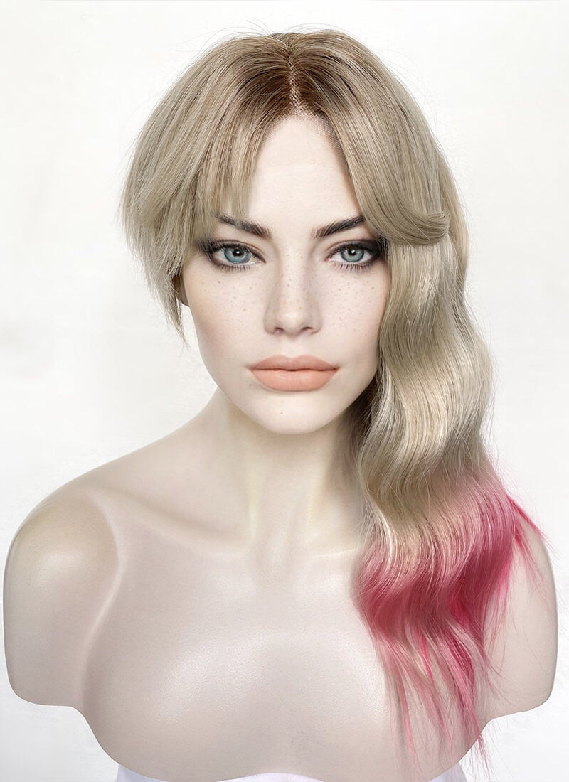 Blonde Pink Ombre With Dark Roots Wavy Lace Front Synthetic