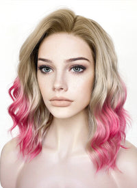 Blonde Mixed Pink With Dark Roots Wavy Lace Front Synthetic Hair Wig LFK5551